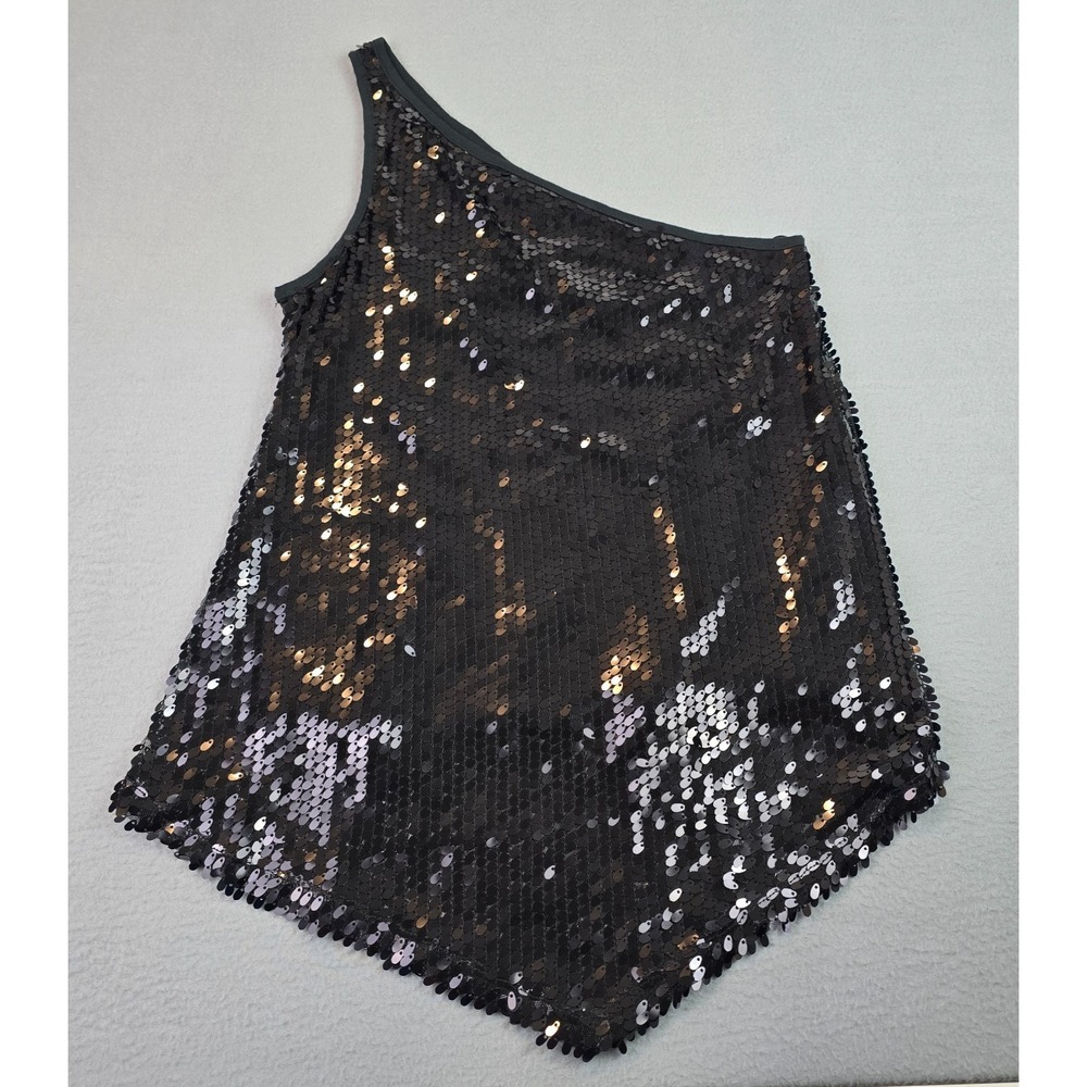 Black Sequin One Shoulder Asymmetrical Tunic Top Med Party Holiday Club